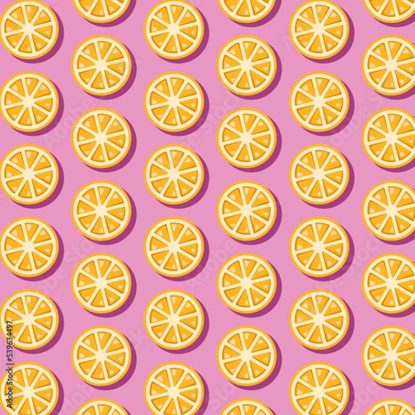 Fototapeta Seamless orange pattern on a pink background. Appetizing vector illustration of repeating orange halves. Simple illustrations of orange halves for packaging design, postcards.