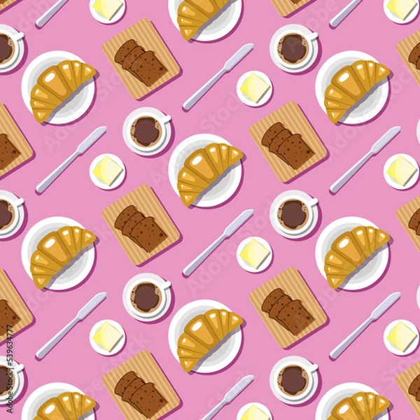 Fototapeta Seamless breakfast pattern on a pink background. Appetizing vector illustrations of coffee, croissant, butter, bread. Simple breakfast illustrations for packaging design, postcards.