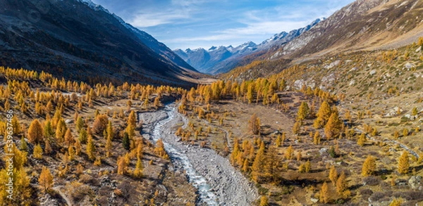 Obraz Panoramic aerial view of the Fafler in Lötschental valley in autumn season with the winding Lonza river and yellow larch trees
