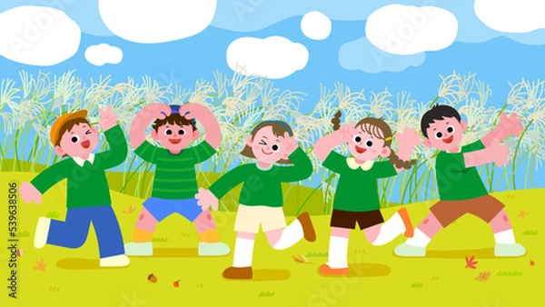 Fototapeta Happy children playing in the autumn meadow
