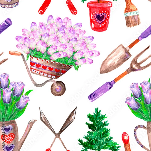 Fototapeta Seamless watercolor pattern, garden theme, potted seedlings, garden tools wheelbarrows tulips on a on a white background