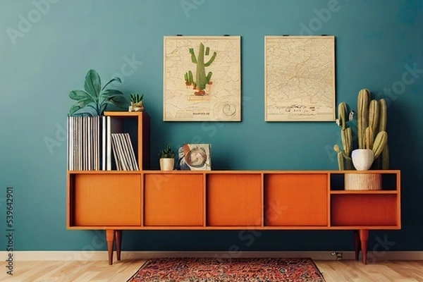 Fototapeta Retro composition of living room interior with mock up poster map, wooden shelf, book, armchair, plant, cacti, vinyl recorder, decoration and personal accessories in stylish home decor.