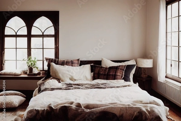 Fototapeta Side view of lovely bedroom with plaid and pillows on comfortable bed, home decor and cushions on soft armchair in white interior design in bohemian style