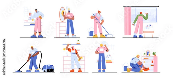 Fototapeta Cleaning service team work in house. People with vacuum cleaner, broom, spray and napkins wash floor, sweep dust, mop window, tile in bathroom and mirror, vector flat set