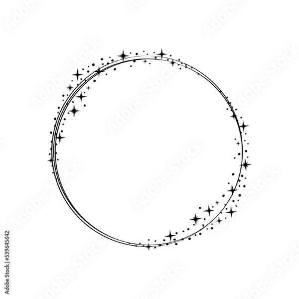 Obraz Round star frame. Wreath round star dust borders for party, birthday decor design. Space stars around thin lines. Isolated black flat vector illustration.
