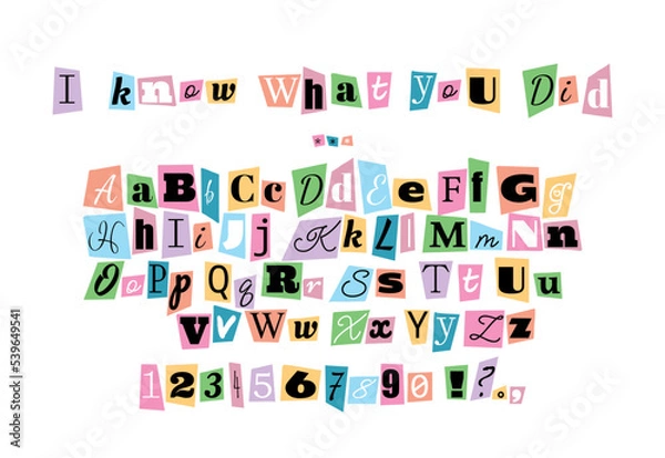 Fototapeta Alphabet in the style of anonymous messages. Letters cut out of a newspaper or magazine on a white sheet of paper.