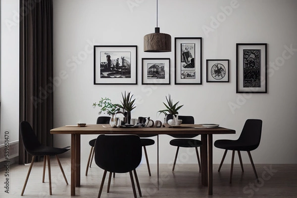 Obraz Modern composition of dining room interior with design wooden table, stylish chairs, decoration, teapot, cups, vessel, commode, black mock up poster map and elegant accessories in home decor. Template