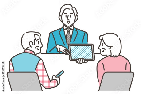 Fototapeta Male businessperson smiling and explaining to a senior couple about a consultation on a tablet [Vector illustration].
