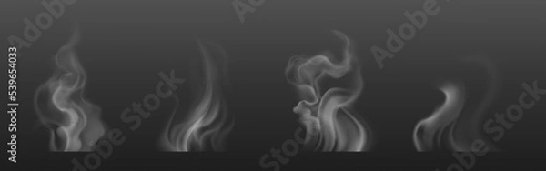 Obraz Tea smoke, coffee cup, food steam or vapor clouds, realistic white cigarette or hookah steam trail, hot dish or mug haze isolated design elements on black background, 3d Vector illustration, set