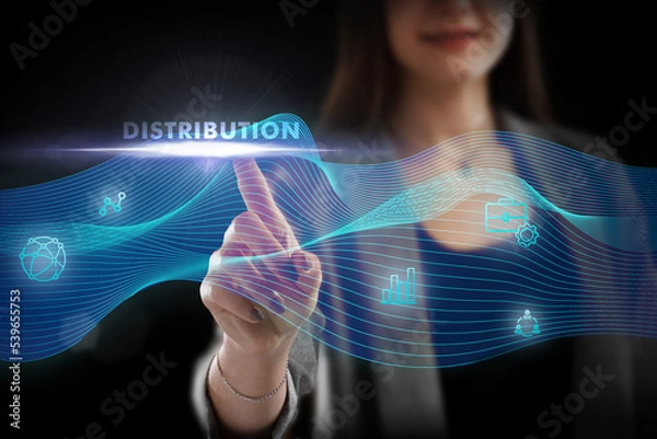 Fototapeta Business, Technology, Internet and network concept. Young businessman working on a virtual screen of the future and sees the inscription: Distribution