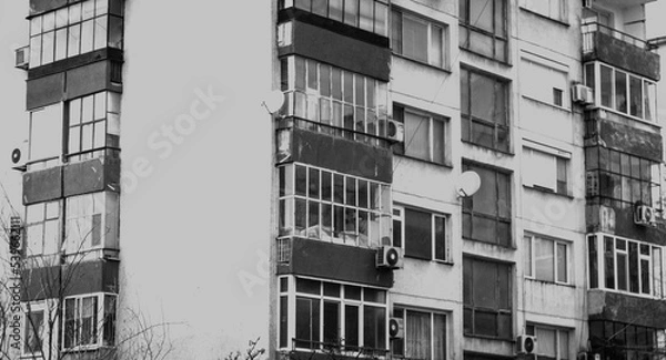 Fototapeta Black and white architectural shots of an old block of flats in Yambol