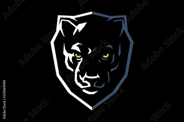 Obraz Simple Vector of Aggressive Black Panther Head with the Shield in the Background