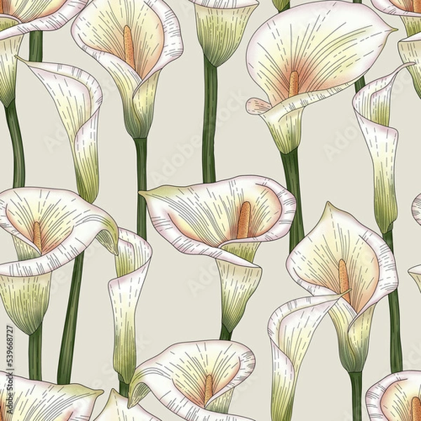 Fototapeta Seamless pattern with calla flowers, design elements. Hand drawn watercolor calla lilies. Floral pattern for invitations, cards, print, gift wrap, manufacturing, textile, fabric, wallpapers