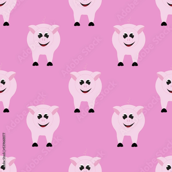 Fototapeta Seamless pattern with pig on pink background. Bacdrop with domestic farm animal. Print for children bed linen and wallpaper for baby room.