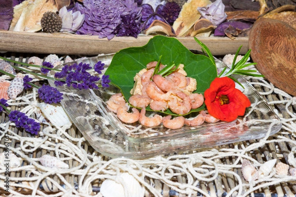 Obraz Serving of gourmet shrimps with herbs