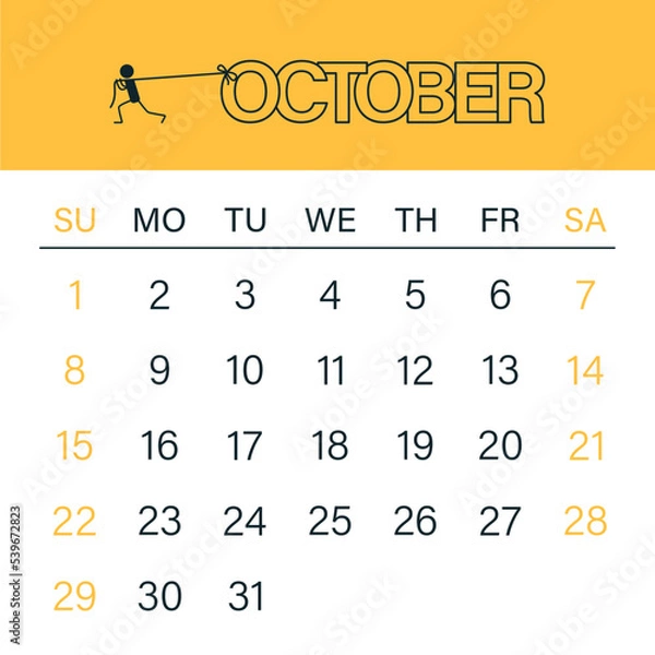 Fototapeta Calendar for 2023. Kalednar vector template. The week starts on Sunday. Calendar in a minimalist style. Calendar for october. Calendar for planning.
