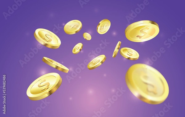 Obraz Gold coin splash background. Vector 3d realistic gold dollar coins explosion illustration for game, casino, winner or jackot advertising template concept.