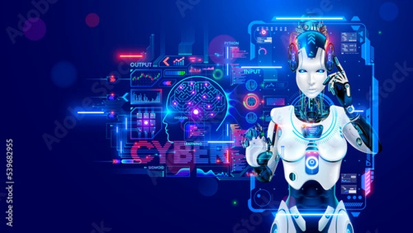 Fototapeta AI in image robot woman or female cyborg working on 3d holographic interface. Robotic lady with Beautiful face and cybernatic hand pressing button. Anthropomorphic Artificial intelligence AI concept.
