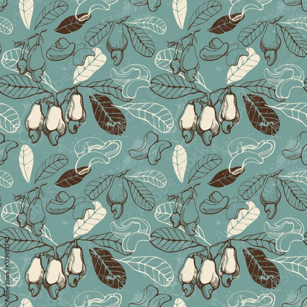 Fototapeta Vector seamless pattern with cashew on a colored background. Vegan food illustration.