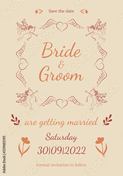 Fototapeta Wedding invitation template in retro style. Vintage frame of angels and hearts with wings. Vector illustration.