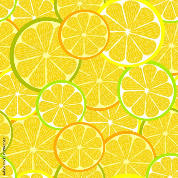 Obraz Seamless floral pattern, hand drawn, vector. Citrus slices, summer yellow background.