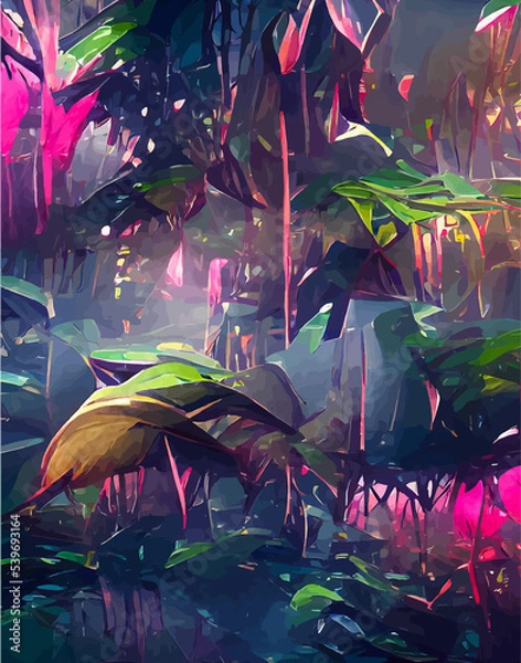 Obraz Tropical leaves in abstract style. pictures tropical abstraction. Landscape vertical picture in abstract style. NFT art. illustration created by neural network. Video Game's Digital background
