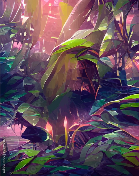 Obraz Tropical leaves in abstract style. pictures tropical abstraction. Landscape vertical picture in abstract style. NFT art. illustration created by neural network. Video Game's Digital background
