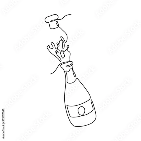 Fototapeta Continuous one line drawing of champagne bottle. Champagne opening with splash in line art style. Concept of holiday, victory. Png on transparent background