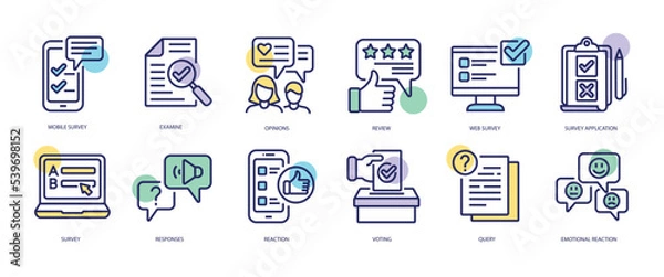 Fototapeta Set of linear icons with Survey concept in purple, yellow on blue colors. Icons present different types of online and paper survey. Vector illustration.