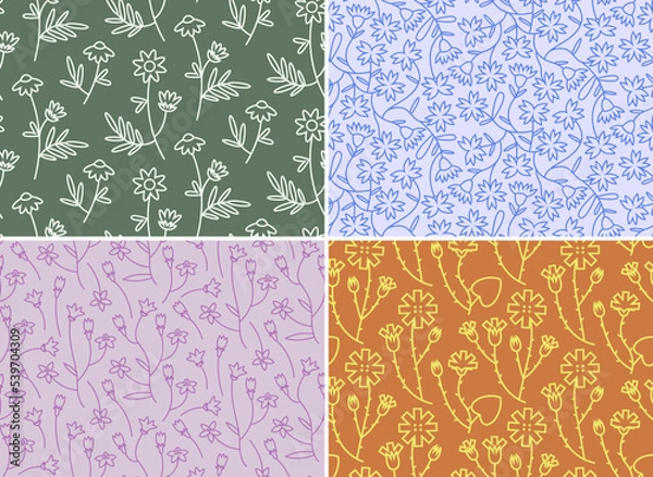 Fototapeta Set of seamless patterns with wildflowers. Beautiful nature textures in outline style.