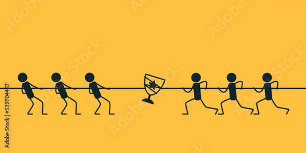 Fototapeta Tug of war. Rivalry between teams. The concept of the competition. Vector illustration on a yellow background. The fight for the cup