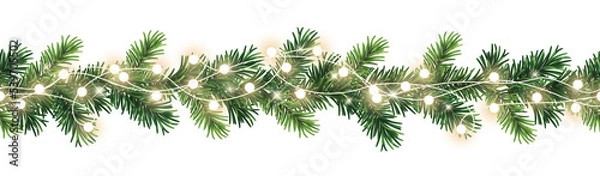 Obraz Seamless decorative christmas border with lights garland and coniferous branches isolated on transparent background