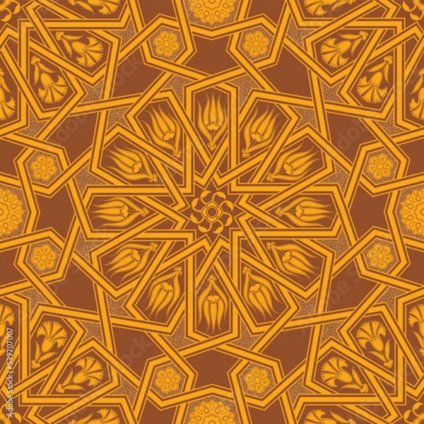 Fototapeta Gold Yellow Colorful Ottoman Star Transition Patterned. Turkish Ceramic Tile Pattern.