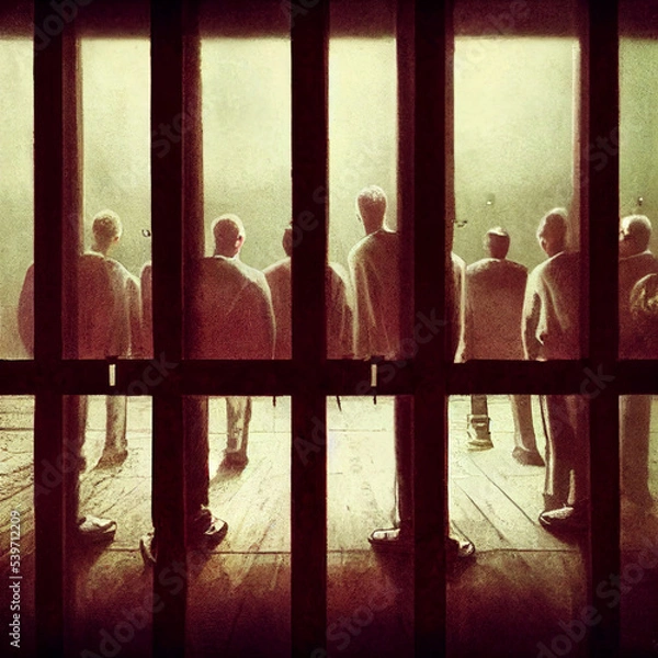 Obraz A group of inmates in a prison. People deprived of their liberty.