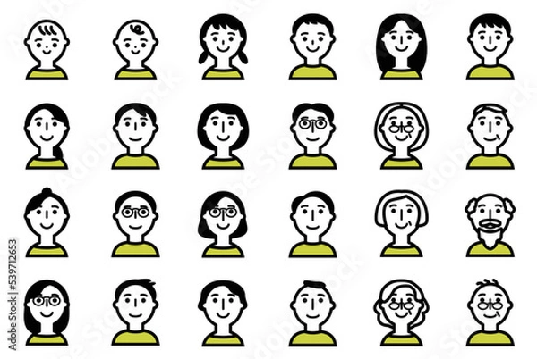 Obraz いろんな世代の人物の顔アイコンセット_黒と黄色