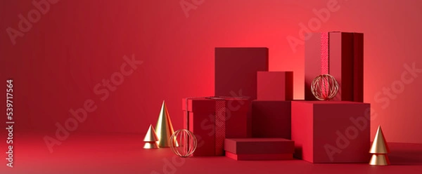 Obraz Red stand and Christmas gift box with gold ornament on the minimal scene with red background. 3d rendering.