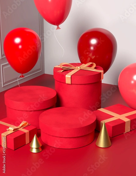 Obraz Festive velvet box set and red balloon on modern backdrop with minimal background. 3d rendering.