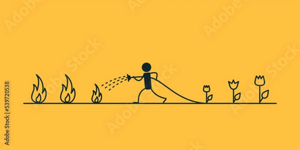 Fototapeta Fire extinguishing. Man saves the earth from fire. Recovery. A new life. Vector illustration on a yellow background. The flowers are growing.