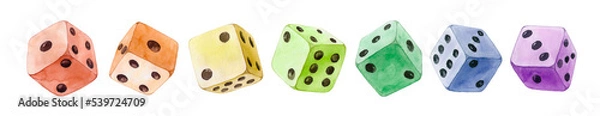 Fototapeta Colorful watercolor dice aligned, isolated on white.