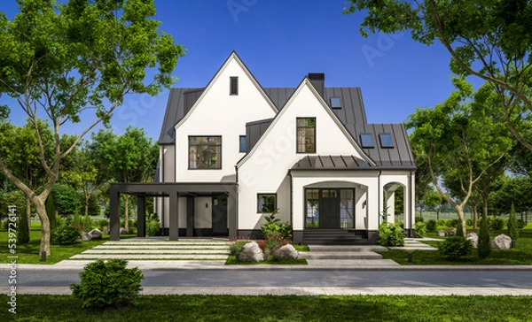 Fototapeta 3d rendering of cute cozy white and black modern Tudor style house with parking  and pool for sale or rent with beautiful landscaping. Fairy roofs. Clear sunny summer day with blue sky.