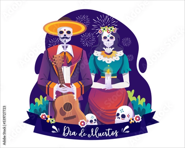 Obraz Day of Dead, Dia de Los Muertos Mexican Holiday with Catrina and a mariachi musician with a sugar skull holding a guitar and candle. Vector illustration in flat style
