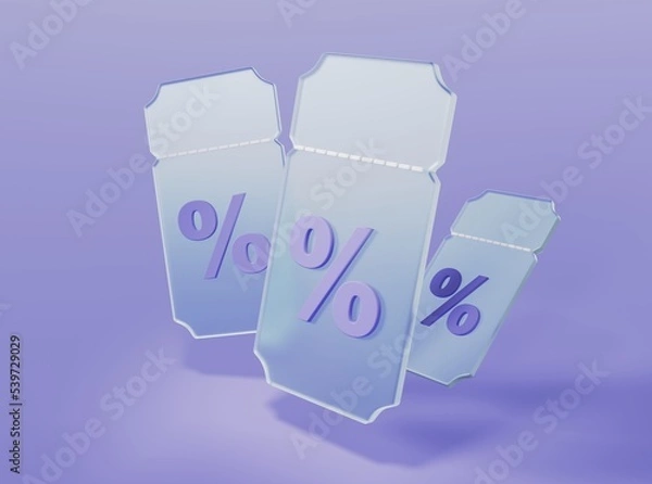 Fototapeta Flying coupons with procet signs in glassmorphism style on isolated background 3d rendering