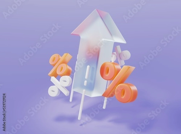 Obraz Arrow pointing up with red and white percent signs in glassmorphism style on isolated background 3d rendering