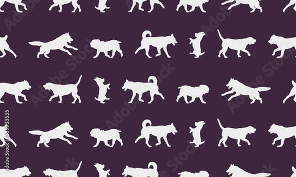Fototapeta Silhouette of dogs different breeds. Seamless pattern. Endless texture. Design for fabric, decor, wallpaper, wrapping paper, surface design.