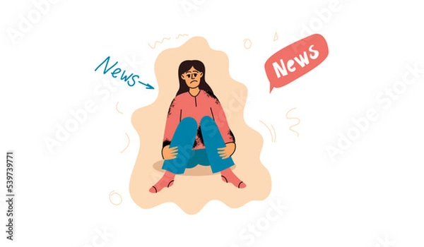 Fototapeta A woman is overloaded with information, experiencing stress and fatigue from a lot of news.  Hiding from the news. Vector illustration.