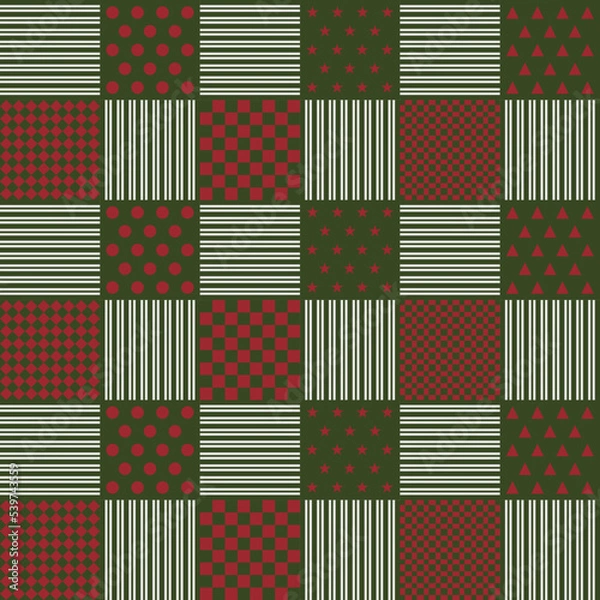 Fototapeta Dark red and green seamless pattern with dotted, checkered, striped, star, and triangle for winter or Christmas background, textile, texture, decoration, web or print design