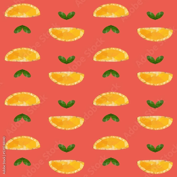Fototapeta Seamless pattern of orange slices in low poly style. Repeating background vector for summer fabric, decoration, backdrop, textile, wallpaper and fashion design.