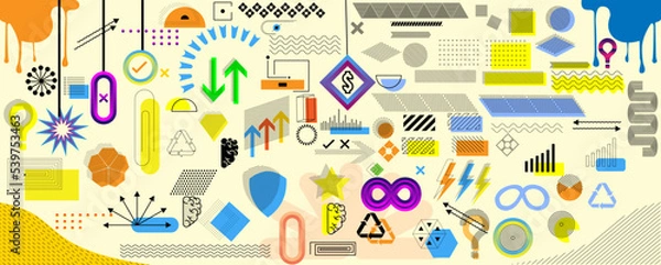 Fototapeta big set of Trendy minimalist elements with icons and digital shapes for apparel, t-shirt, merch, posters, covers, flyers. retro elements for web, vintage, advertisement, , leaflet,vector,verse.