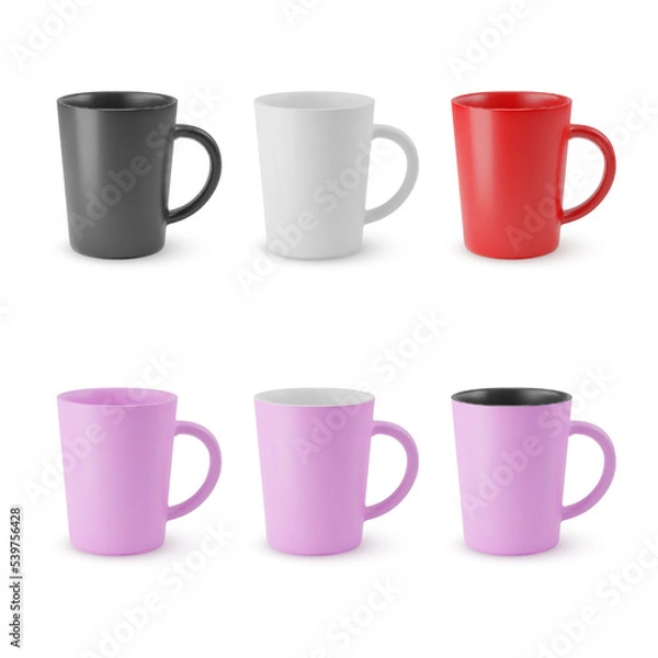 Fototapeta Illustration of Six Realistic Empty Ceramic Tea Mug. Mockup with Shadow Effect, and Copy Space for Your Design. For Web Design, and Printing on a White