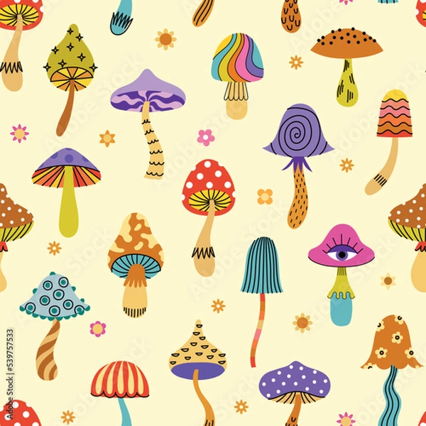 Fototapeta Groovy mushroom retro seamless pattern
